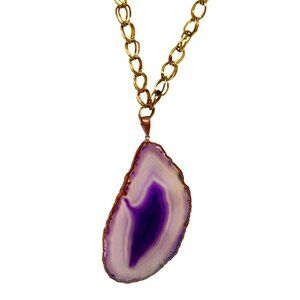 Purple Agate Teardrop Pendant Necklace Gold-Tone Chain Copper Edging Vintage